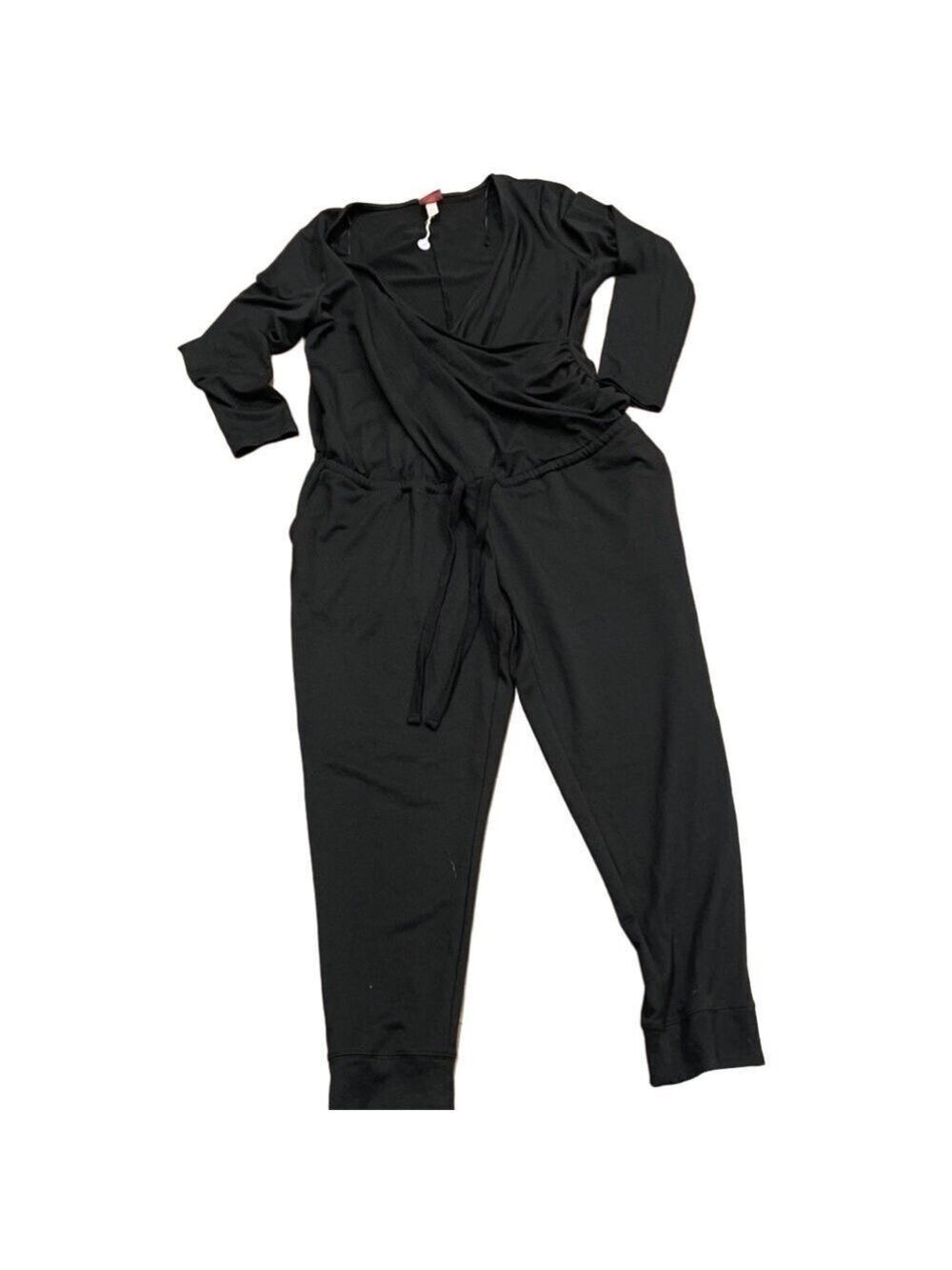 Paisley Sky L black maternity jumpsuit with days wrap front & drawstring waist